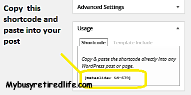 Meta slider usage shortcode highlighted