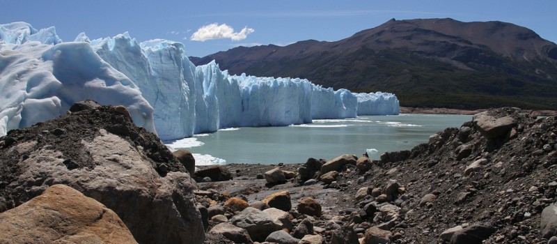 Beautiful glacier with deposited boulders and glacial runoff