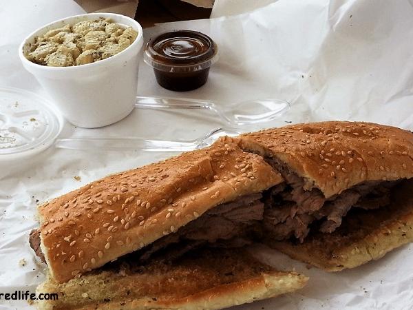 My lunch in Fresno Jumbo Tri tip Sandwich with BBQ sauce and macaroni salad
