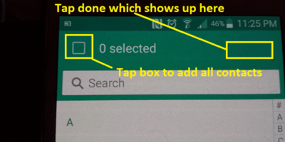 Tap box to add all contacts, tap done, and tap save on next screen