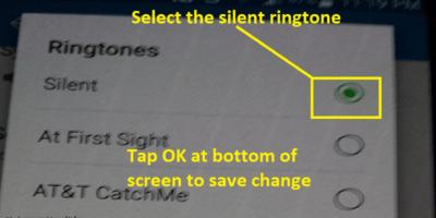 Select the silent ringtone, tap ok at bottom of screen to save change